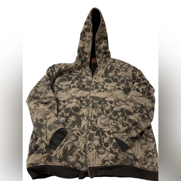 MMA Elite Vintage Y2K Gray Black Skull Sherpa Lined Hoodie Jacket Size XXL *READ - Picture 1 of 10